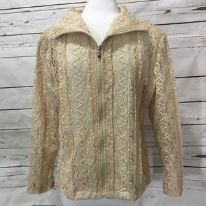 Carina Womens Jacket Size Medium Ivory Lace Shimmer Threads Zip Front Semi Sheer